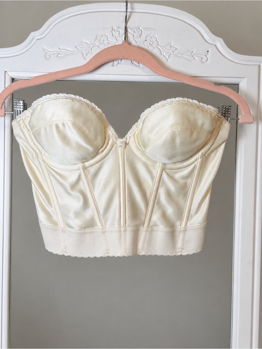 Vintage Carnival Bra 34B Ivory Nylon Boned Corset Longline Bra Bustier